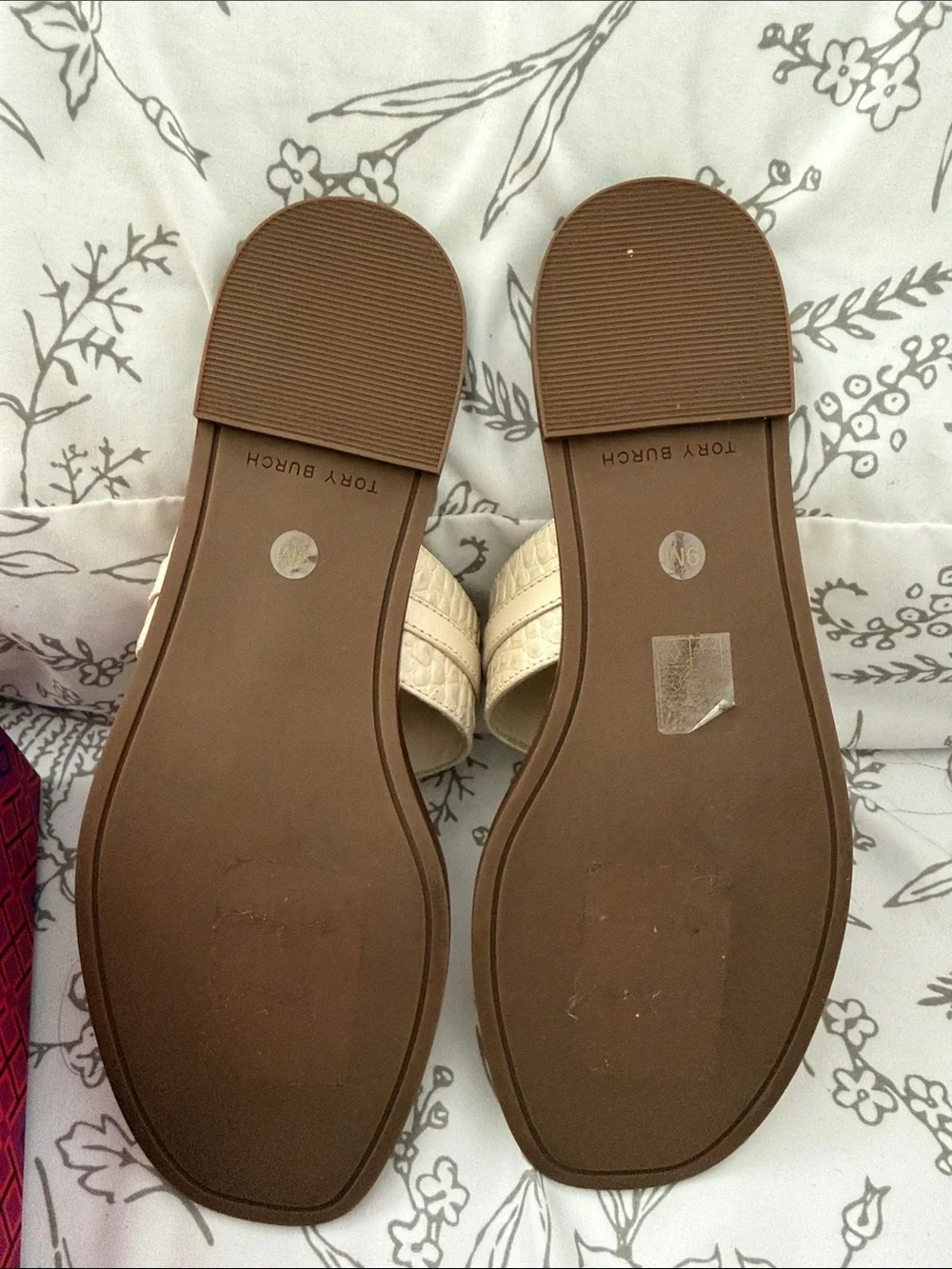 Tory Burch Cream Croc-Embossed Thong Sandals with Logo Disk
